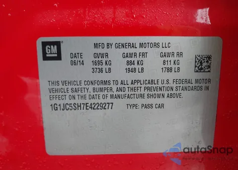 2014 Chevrolet Sonic Lt Auto z USA, uszkodzony, nr VIN 1G1JC5SH7E4229277